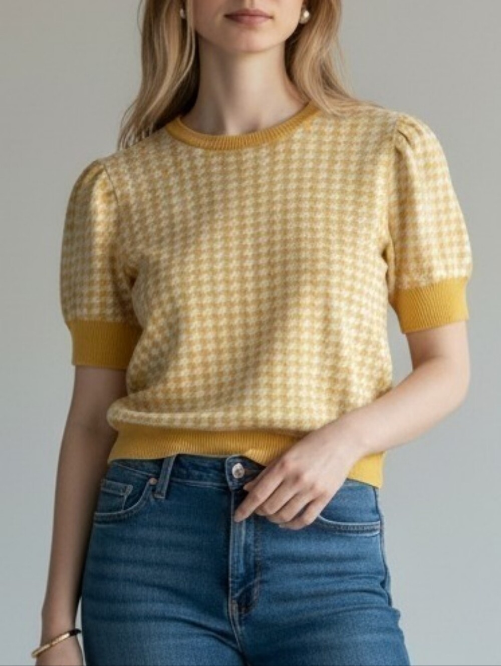 Kaily K Yellow Houndstooth Knit Top